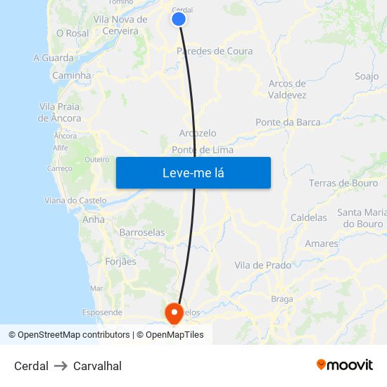 Cerdal to Carvalhal map