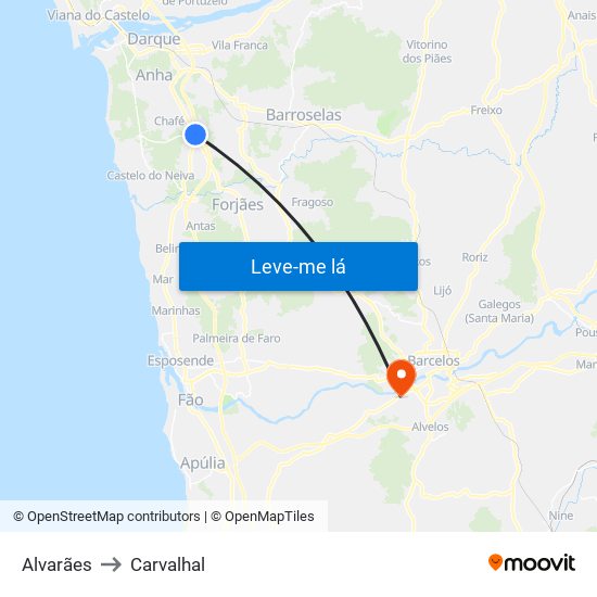 Alvarães to Carvalhal map