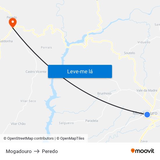 Mogadouro to Peredo map