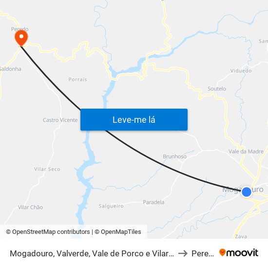 Mogadouro, Valverde, Vale de Porco e Vilar de Rei to Peredo map