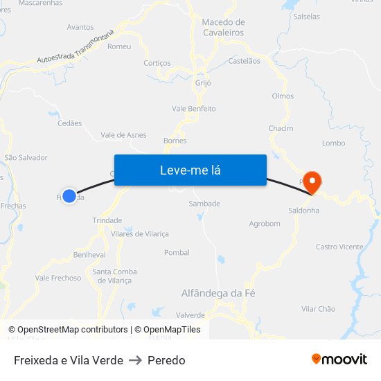 Freixeda e Vila Verde to Peredo map