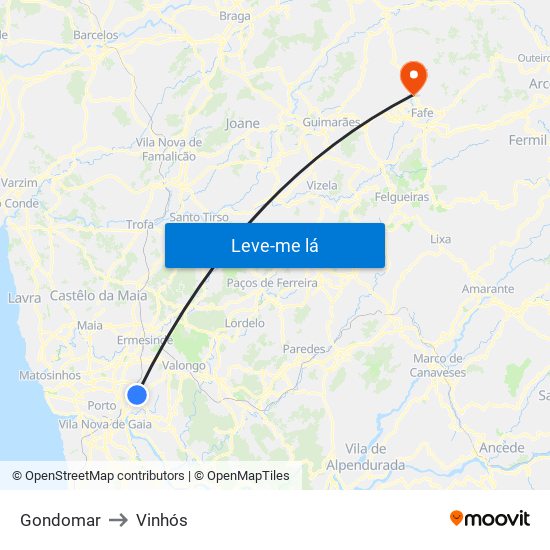 Gondomar to Vinhós map