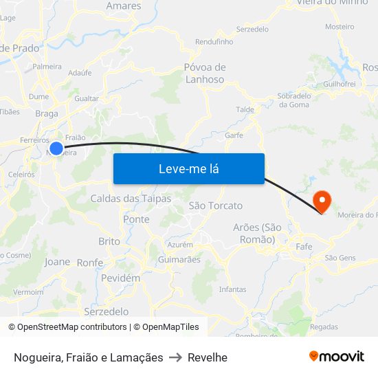 Nogueira, Fraião e Lamaçães to Revelhe map