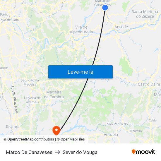 Marco De Canaveses to Sever do Vouga map