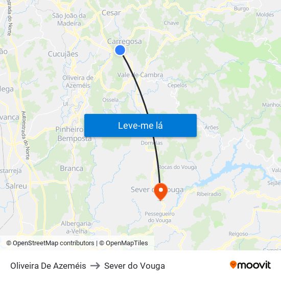 Oliveira De Azeméis to Sever do Vouga map