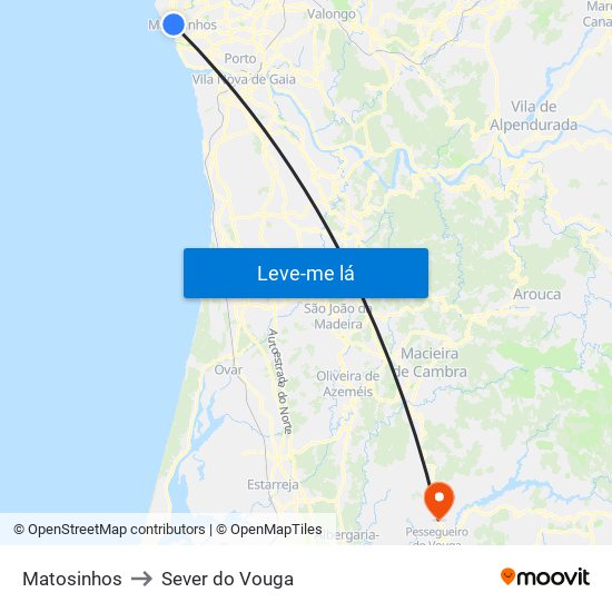 Matosinhos to Sever do Vouga map