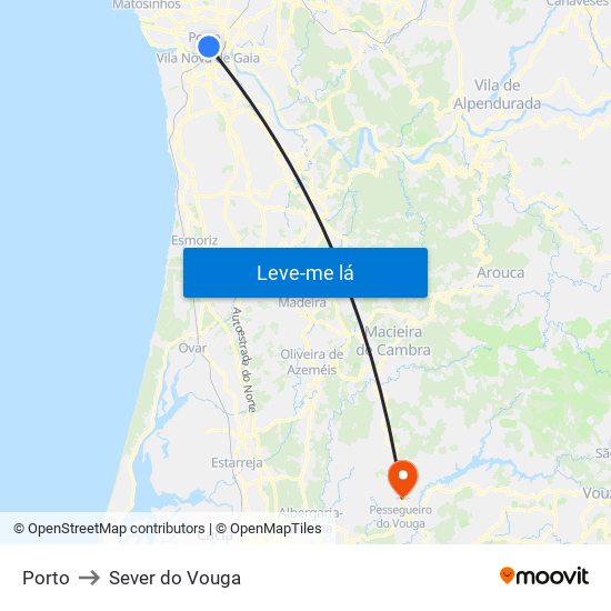 Porto to Sever do Vouga map