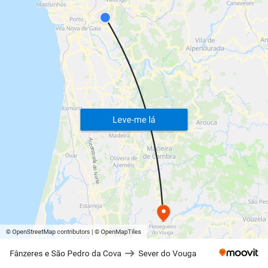 Fânzeres e São Pedro da Cova to Sever do Vouga map