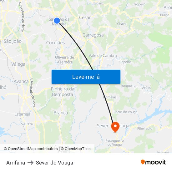 Arrifana to Sever do Vouga map
