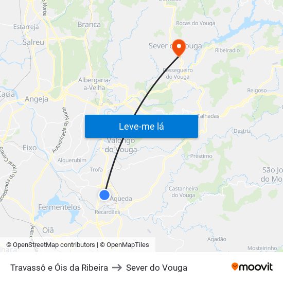 Travassô e Óis da Ribeira to Sever do Vouga map