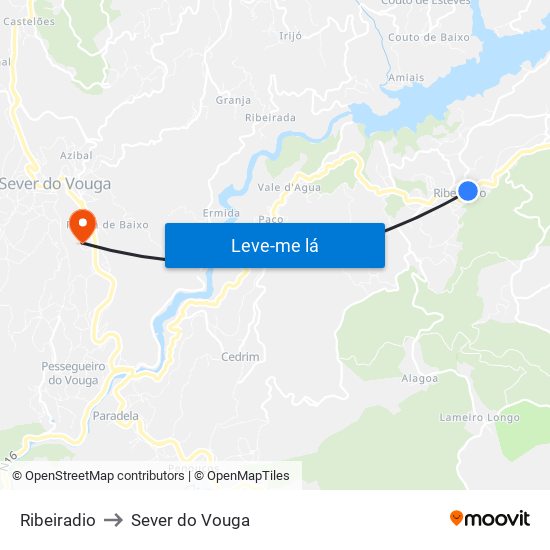 Ribeiradio to Sever do Vouga map