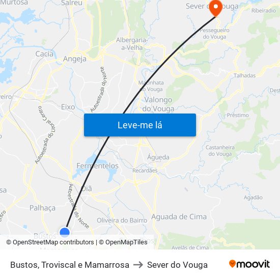 Bustos, Troviscal e Mamarrosa to Sever do Vouga map