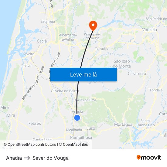 Anadia to Sever do Vouga map