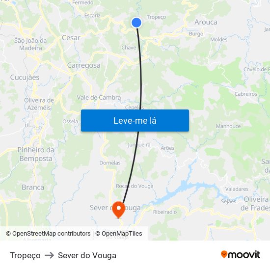 Tropeço to Sever do Vouga map