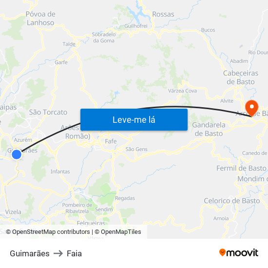 Guimarães to Faia map