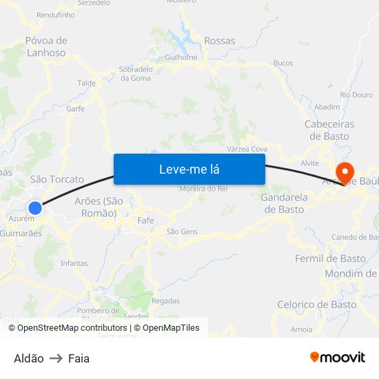 Aldão to Faia map