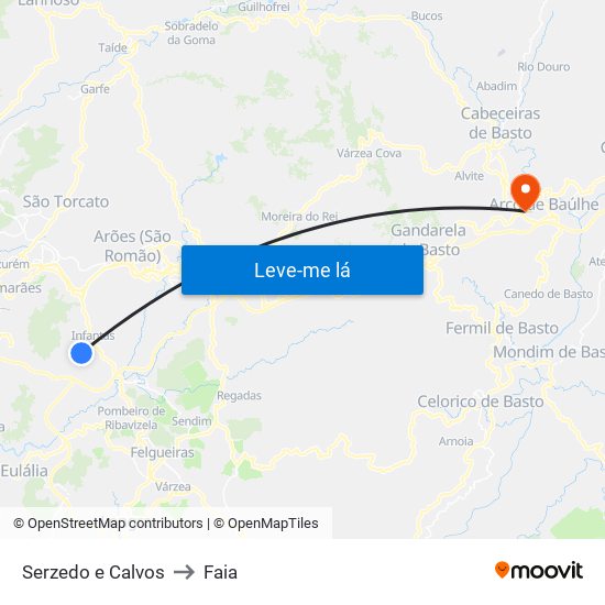 Serzedo e Calvos to Faia map