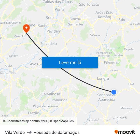 Vila Verde to Pousada de Saramagos map