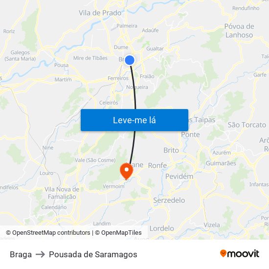 Braga to Pousada de Saramagos map