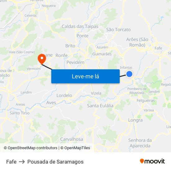 Fafe to Pousada de Saramagos map