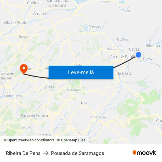 Ribeira De Pena to Pousada de Saramagos map