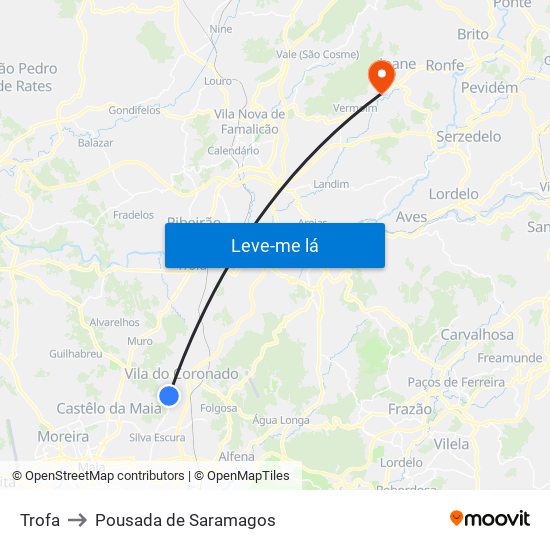 Trofa to Pousada de Saramagos map