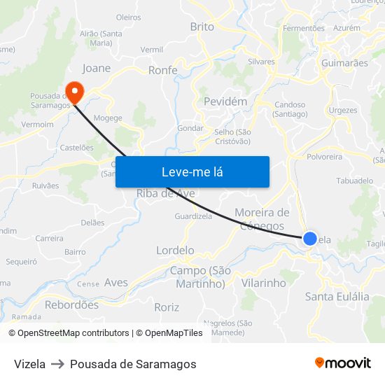 Vizela to Pousada de Saramagos map