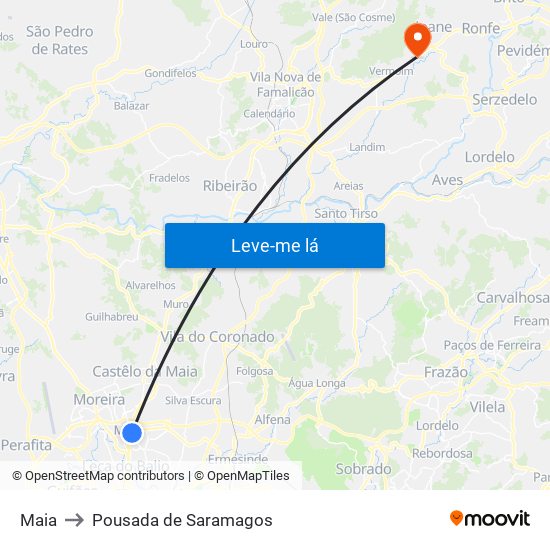 Maia to Pousada de Saramagos map