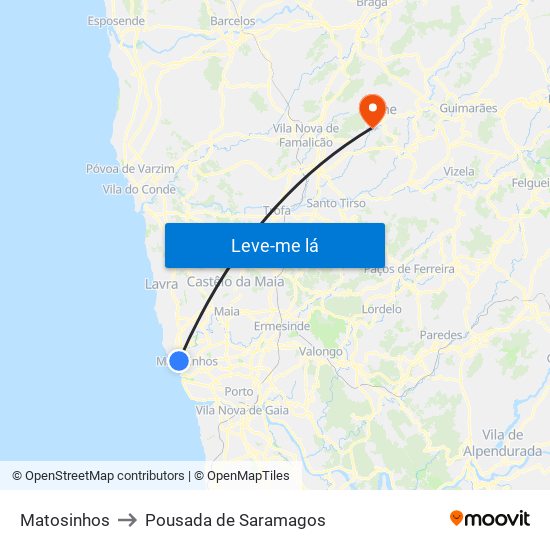 Matosinhos to Pousada de Saramagos map