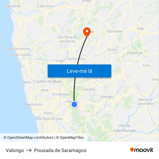 Valongo to Pousada de Saramagos map