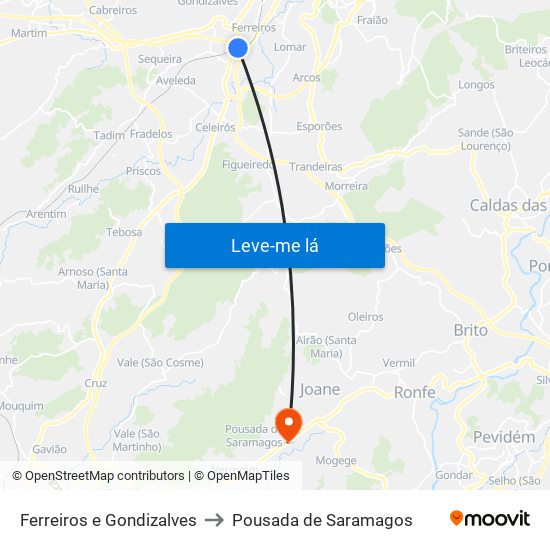 Ferreiros e Gondizalves to Pousada de Saramagos map