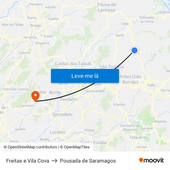 Freitas e Vila Cova to Pousada de Saramagos map