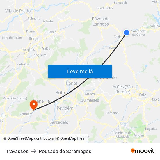 Travassos to Pousada de Saramagos map