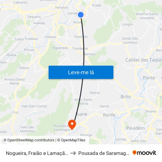 Nogueira, Fraião e Lamaçães to Pousada de Saramagos map