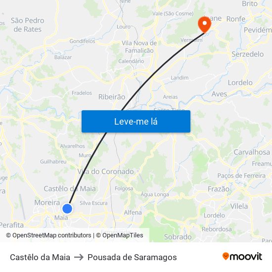 Castêlo da Maia to Pousada de Saramagos map
