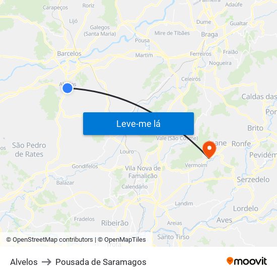 Alvelos to Pousada de Saramagos map