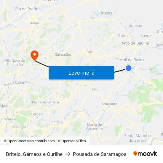Britelo, Gémeos e Ourilhe to Pousada de Saramagos map