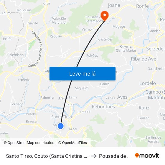 Santo Tirso, Couto (Santa Cristina e São Miguel) e Burgães to Pousada de Saramagos map