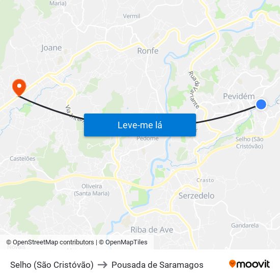 Selho (São Cristóvão) to Pousada de Saramagos map