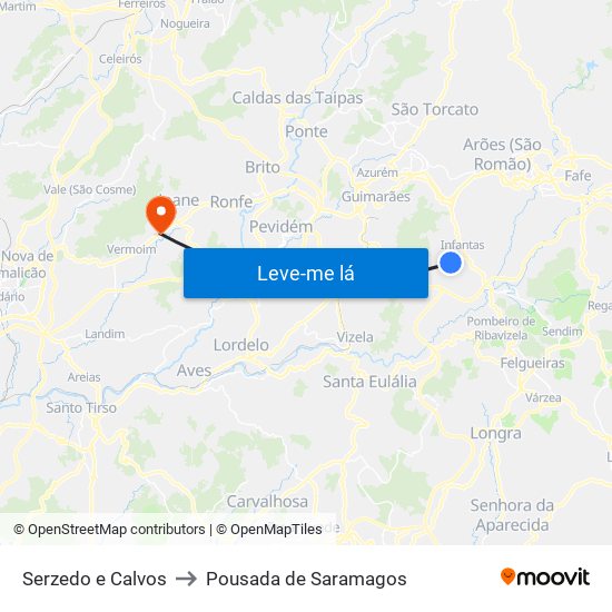 Serzedo e Calvos to Pousada de Saramagos map