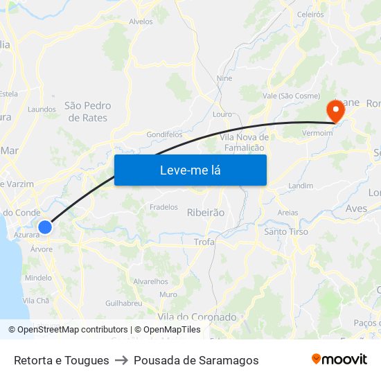 Retorta e Tougues to Pousada de Saramagos map
