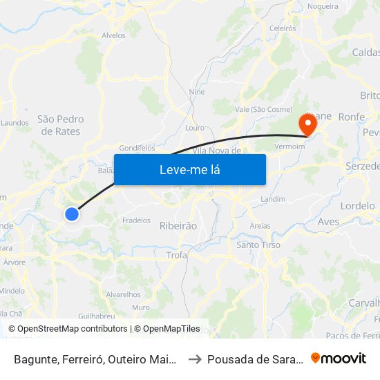 Bagunte, Ferreiró, Outeiro Maior e Parada to Pousada de Saramagos map