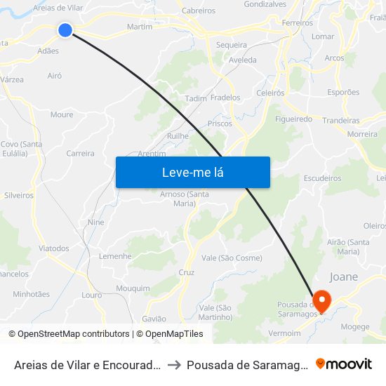 Areias de Vilar e Encourados to Pousada de Saramagos map