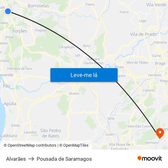 Alvarães to Pousada de Saramagos map
