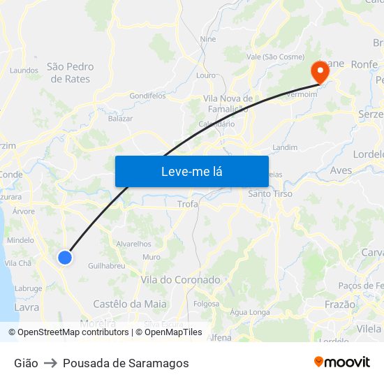 Gião to Pousada de Saramagos map