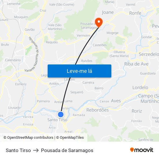 Santo Tirso to Pousada de Saramagos map