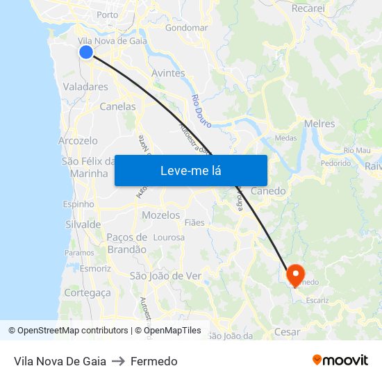 Vila Nova De Gaia to Fermedo map