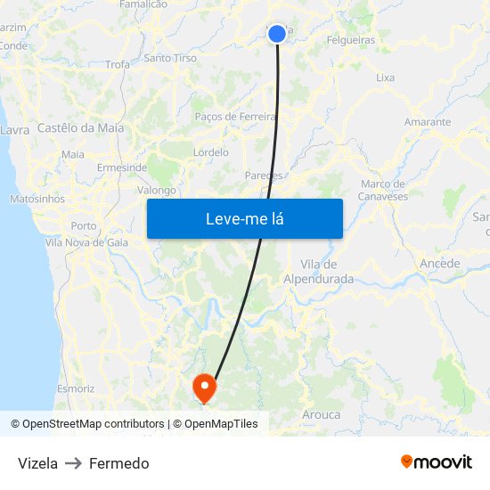Vizela to Fermedo map
