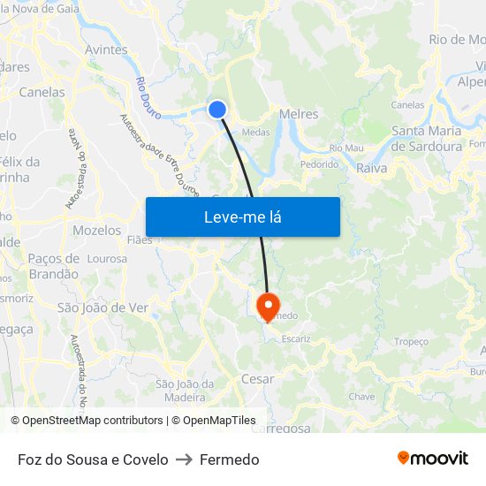 Foz do Sousa e Covelo to Fermedo map
