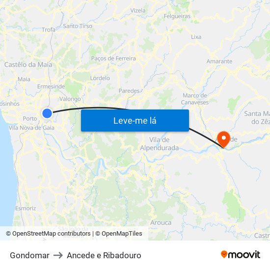 Gondomar to Ancede e Ribadouro map